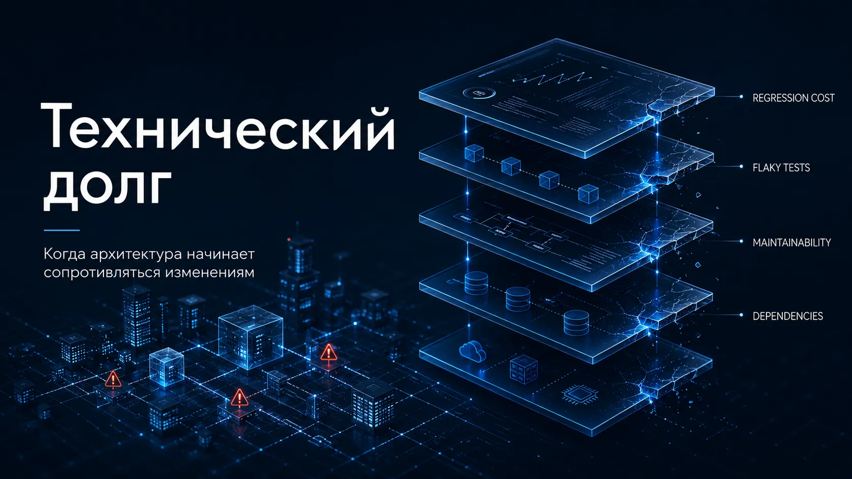 Технический долг в разработке программного обеспечения. Концептуальная иллюстрация инженерной архитектуры, показывающая накопление технического долга, рост сложности системы и роль QA в измерении Regression Cost, Flaky Test Rate и других инженерных метрик.