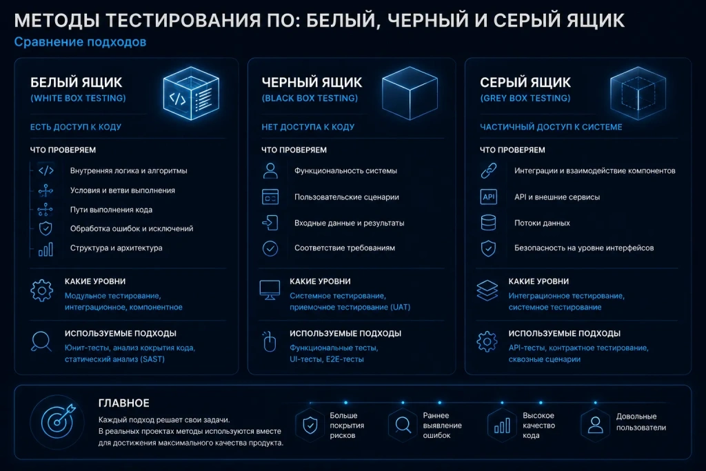 Сравнение методов тестирования: белый ящик, черный ящик и серый ящик — доступ к коду, особенности проверки и области применения