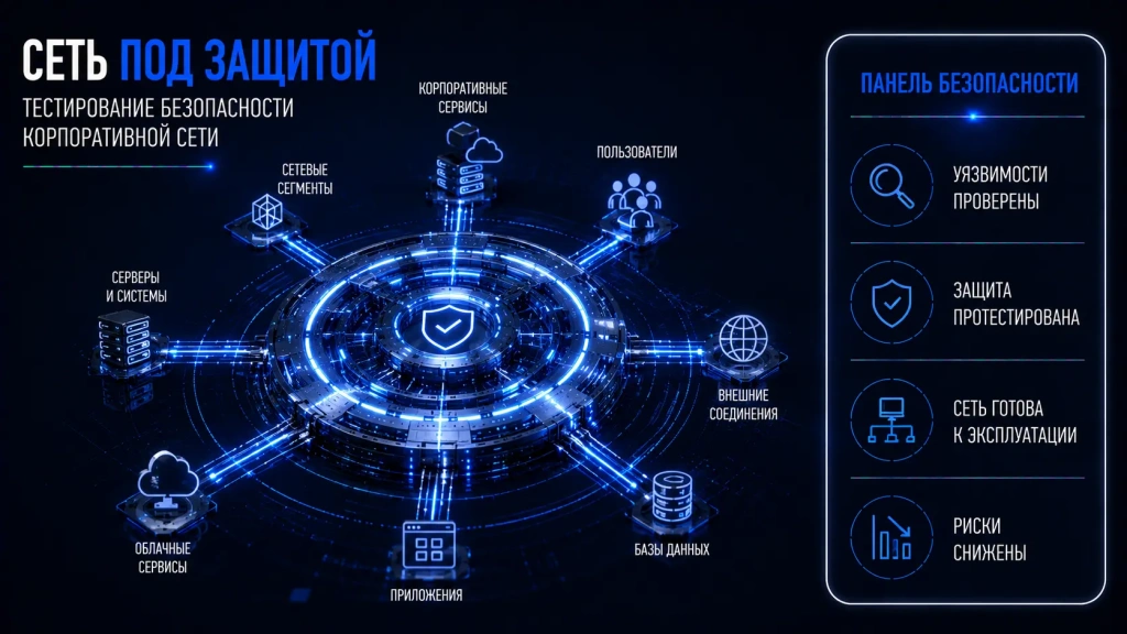 Тестирование безопасности корпоративной сети, проверка защищённости IT-инфраструктуры, выявление уязвимостей и контроль безопасности корпоративных сервисов