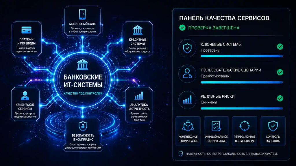 Комплексное тестирование банковских ИТ-решений: проверка цифровых сервисов, пользовательских сценариев, бизнес-процессов и качества релизов банковских систем
