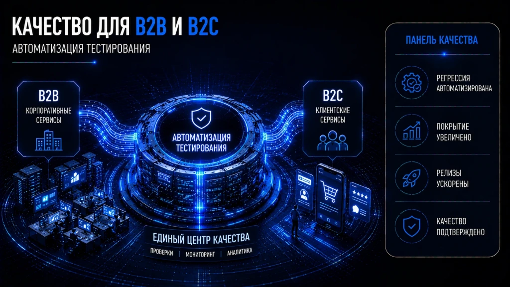Автоматизация тестирования B2B и B2C платформ, автоматизированная регрессия, контроль качества цифровых сервисов и ускорение релизов