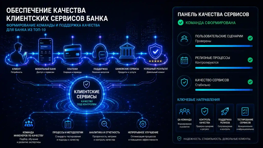 Формирование команды и обеспечение качества клиентских сервисов банка: контроль пользовательских сценариев, управление качеством релизов и поддержка цифровых банковских продуктов