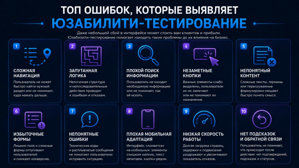 Инфографика по юзабилити-тестированию с примерами UX-ошибок интерфейса: сложная навигация, плохая мобильная адаптация, незаметные кнопки, перегруженные формы и низкая скорость работы сайта, влияющие на конверсию и пользовательский опыт.