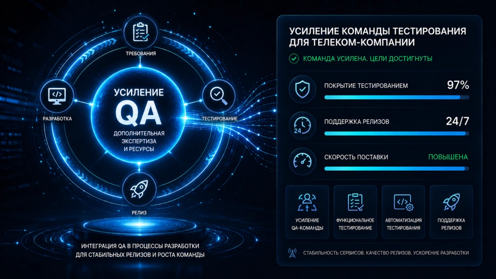 Усиление QA-команды телеком-компании: масштабирование процессов тестирования, поддержка релизов, автоматизация проверок и обеспечение качества цифровых сервисов оператора связи