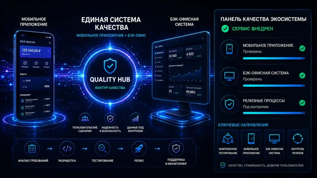 Комплексное тестирование мобильного приложения и бэк-офисной системы финтех-компании: обеспечение качества цифровой экосистемы, контроль релизов и проверка пользовательских сценариев
