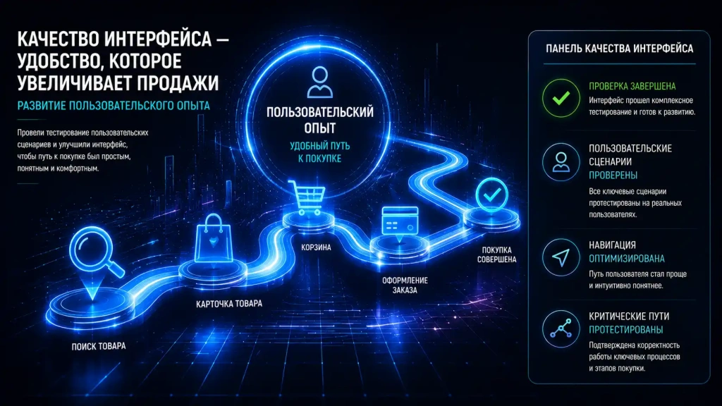 Тестирование и развитие пользовательского интерфейса маркетплейса, проверка пользовательских сценариев, удобства навигации и пути клиента к покупке