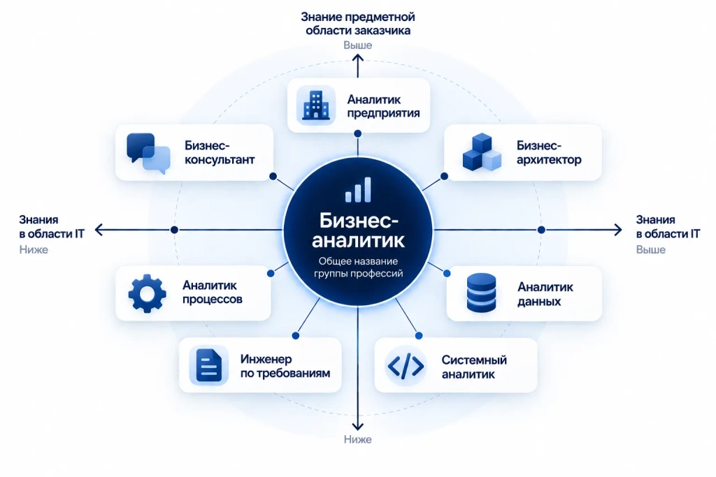 Инфографика: виды аналитиков в IT — бизнес-аналитик, системный аналитик, аналитик данных и другие роли