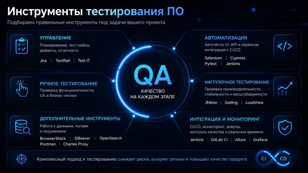 Инфографика с основными инструментами тестирования программного обеспечения: Jira, TestRail, Test IT, Selenium, Cypress, Pytest, Jenkins, JMeter, Gatling, BrowserStack, DBeaver и OpenSearch для организации, автоматизации и нагрузочного тестирования ПО.