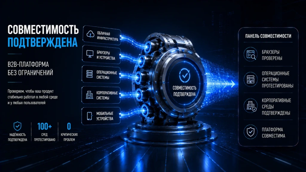 Тестирование совместимости B2B платформы, проверка работы в различных браузерах, операционных системах и корпоративных средах для обеспечения стабильной работы продукта