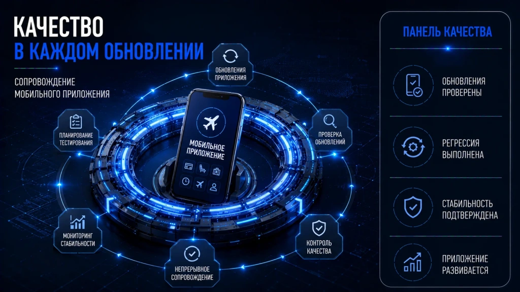 Сопровождение мобильного приложения, непрерывное тестирование, контроль качества мобильного сервиса, проверка обновлений и обеспечение стабильной работы приложения