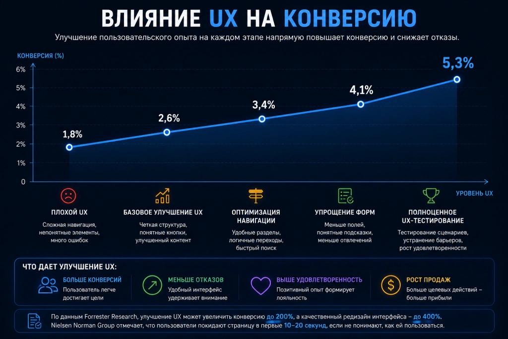 Инфографика о влиянии UX и юзабилити-тестирования на конверсию сайта: как улучшение навигации, упрощение форм и оптимизация пользовательского опыта повышают конверсию, снижают отказы и увеличивают продажи.