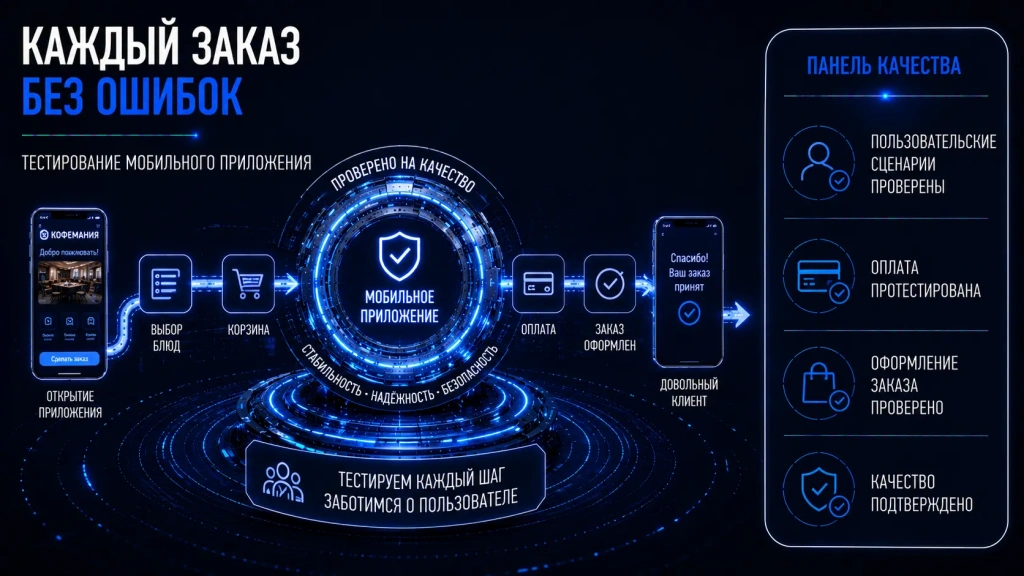 Тестирование мобильного приложения ресторана, проверка пользовательских сценариев, оформления заказа, оплаты и качества работы мобильного сервиса