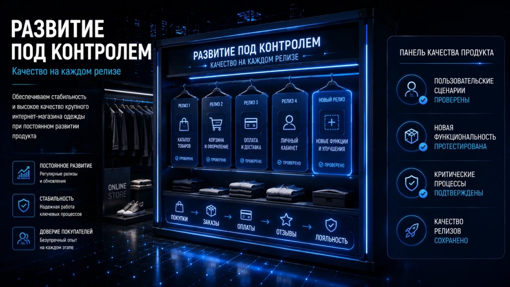 Тестирование и развитие крупного интернет-магазина одежды, проверка пользовательских сценариев, контроль качества релизов и поддержка развития e-commerce платформы
