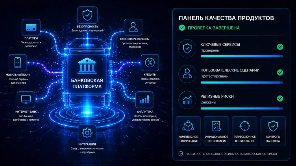 Комплексное тестирование банковских систем и цифровых продуктов: проверка пользовательских сценариев, бизнес-процессов, качества релизов и стабильности ключевых сервисов банка