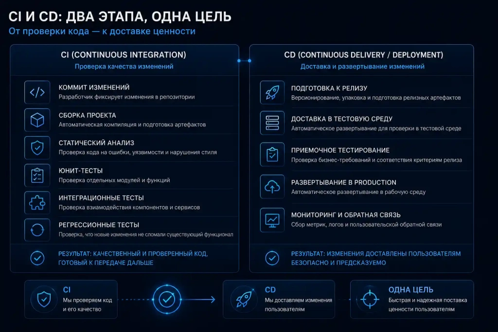 Схема отличий CI и CD: этапы непрерывной интеграции (коммит, сборка, статический анализ, юнит-, интеграционное и регрессионное тестирование) и этапы непрерывной доставки (подготовка релиза, доставка, развертывание и мониторинг).