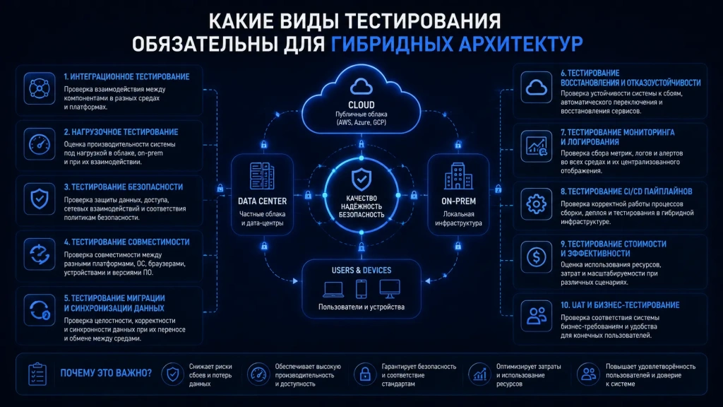 Инфографика по тестированию гибридных архитектур: интеграционное, нагрузочное, функциональное тестирование, тестирование безопасности, отказоустойчивости, мониторинга, CI/CD, миграции данных и совместимости облачной и локальной инфраструктуры.