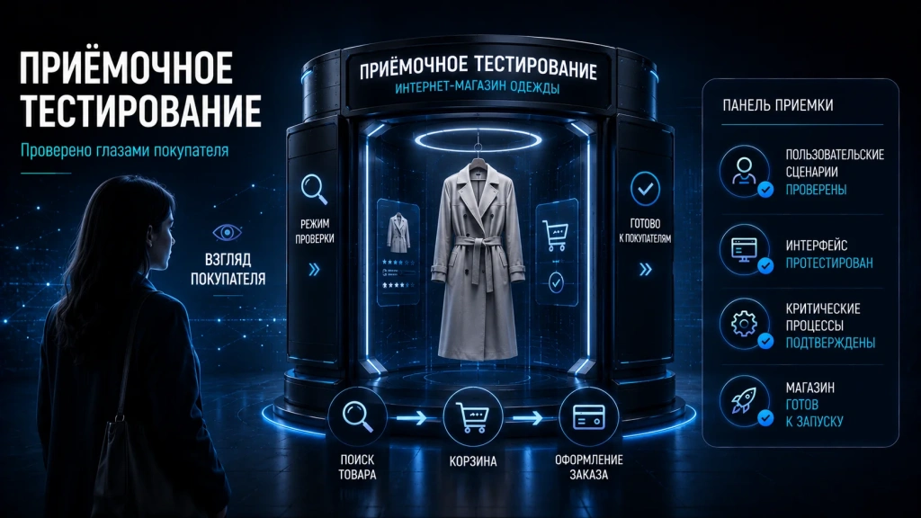Приёмочное тестирование интернет-магазина одежды, проверка пользовательских сценариев, интерфейса, оформления заказа и готовности e-commerce платформы к запуску