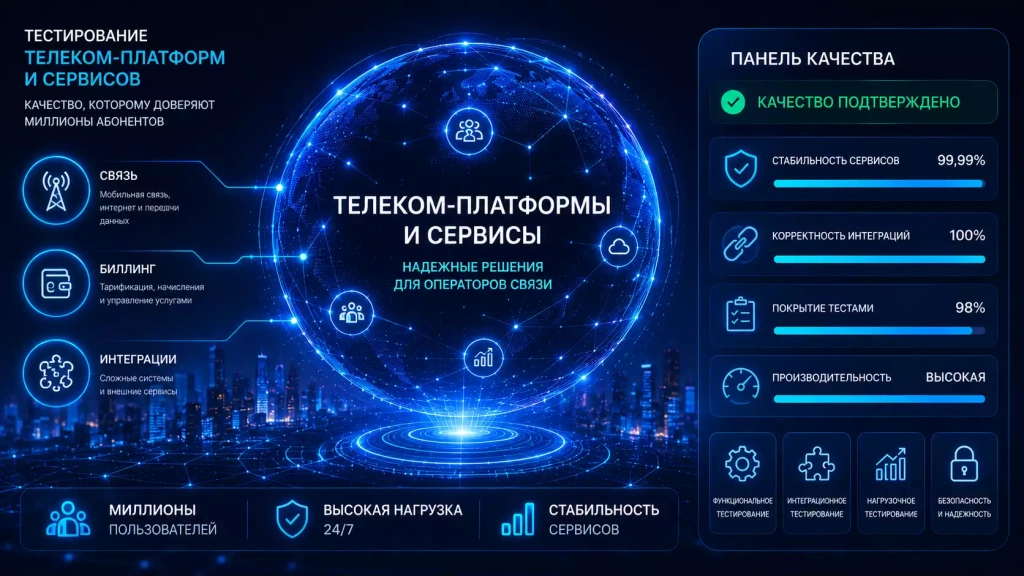 Тестирование телеком-платформы оператора связи: проверка цифровых сервисов, интеграций, клиентских приложений и высоконагруженных систем для миллионов пользователей
