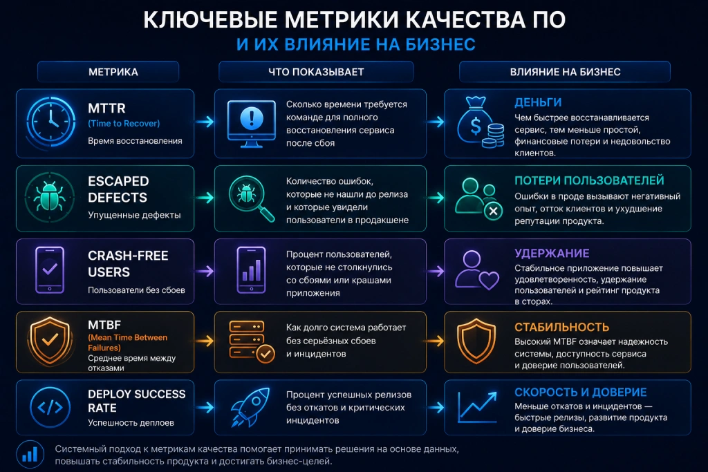 Инфографика метрик качества программного обеспечения для CTO и QA: MTTR, Escaped Defects, Crash-Free Users, MTBF и влияние на бизнес