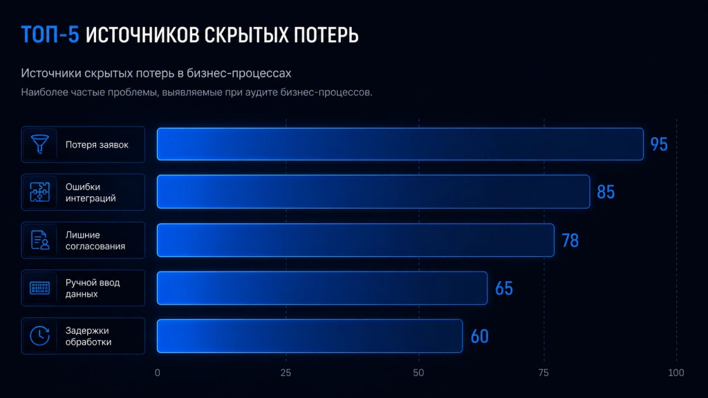 Инфографика основных причин потерь в бизнес-процессах: потеря заявок, ошибки интеграций, лишние согласования, ручной ввод данных и задержки обработки клиентов.