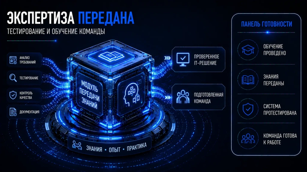 Тестирование IT-решений, обучение команды заказчика, передача знаний и подготовка специалистов для сопровождения корпоративной цифровой системы