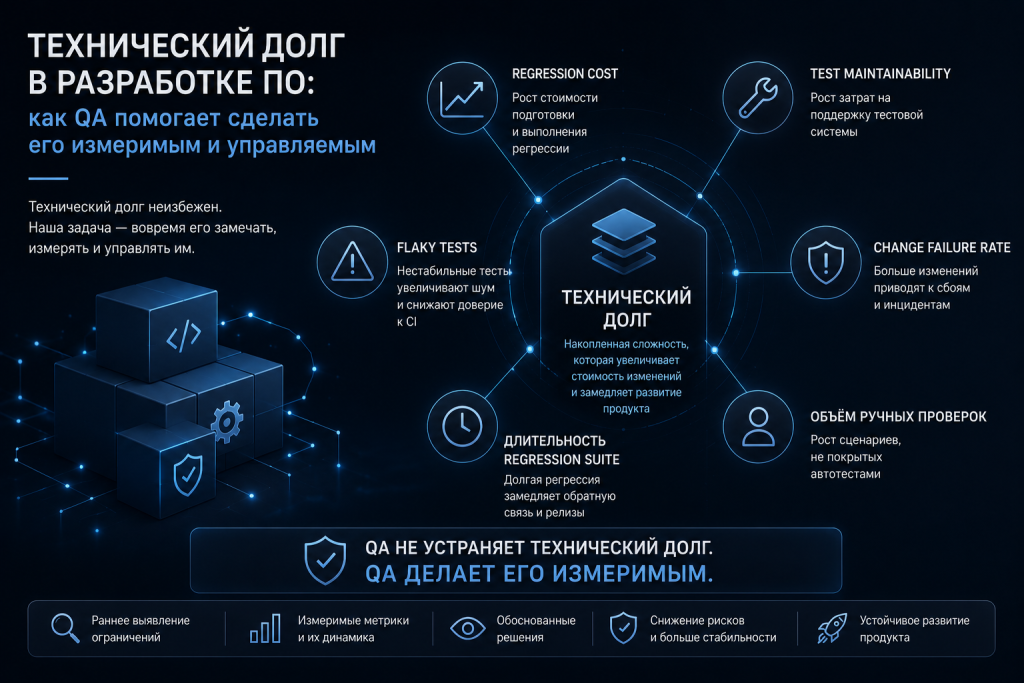 Инфографика о техническом долге в разработке программного обеспечения: причины его накопления, последствия для продукта и команды, роль QA в раннем выявлении инженерных ограничений, ключевые метрики технического долга и принципы управления им в SDLC. Технический долг в разработке ПО: причины, последствия, метрики Regression Cost, Flaky Test Rate, Test Maintainability и роль QA в управлении техническим долгом.