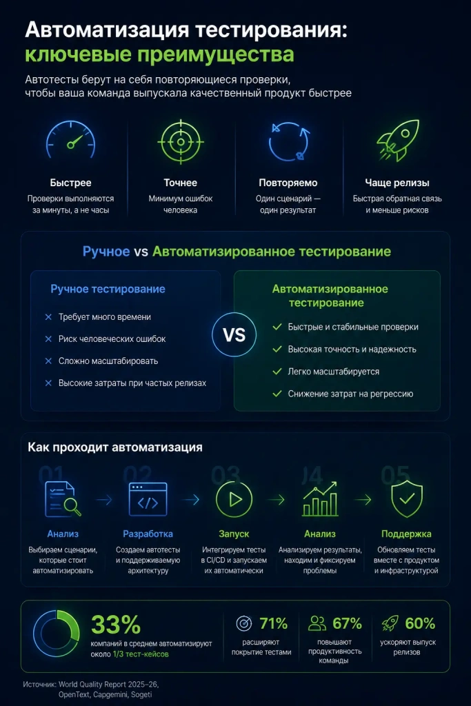 Преимущества автоматизации тестирования: скорость, точность, повторяемость и сокращение времени регрессионных проверок