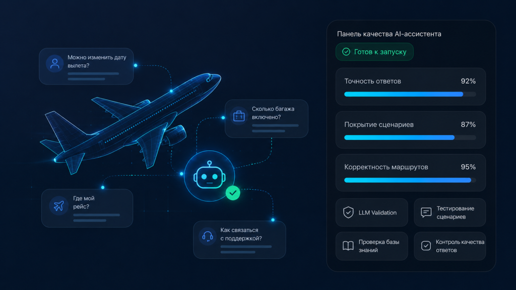 testirovanie-ai-chat-bota-aviakompanii-llm-validation.webp Тестирование AI-чат-бота авиакомпании: приемочное тестирование, обучение модели, LLM Validation и проверка качества ответов перед запуском цифрового сервиса для пассажиров