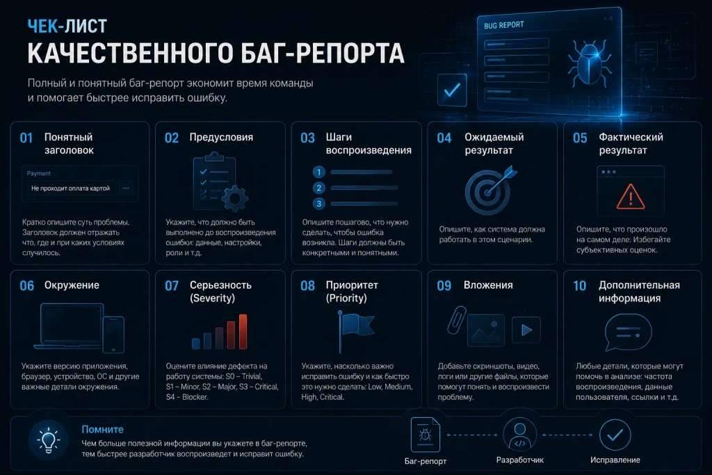 Чек-лист качественного баг-репорта: заголовок, шаги воспроизведения, ожидаемый и фактический результат, окружение, severity, priority, вложения и дополнительная информация
