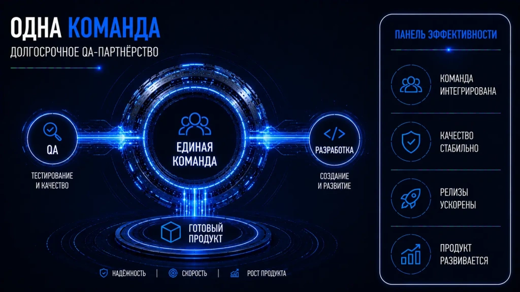 Долгосрочное QA-партнёрство, выделенная команда тестирования, интеграция QA в процесс разработки и обеспечение стабильного качества цифрового продукта