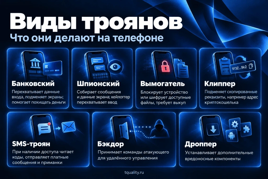 Виды троянов на телефоне: банковский, шпионский, вымогатель, клиппер, SMS-троян, бэкдор и дроппер — их действия и последствия.