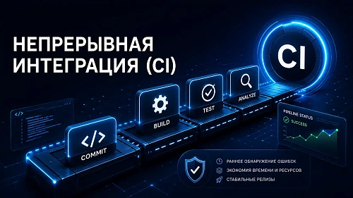 Непрерывная интеграция (CI): этапы CI/CD-пайплайна — коммит, автоматическая сборка, тестирование, анализ кода и проверка качества перед доставкой изменений.